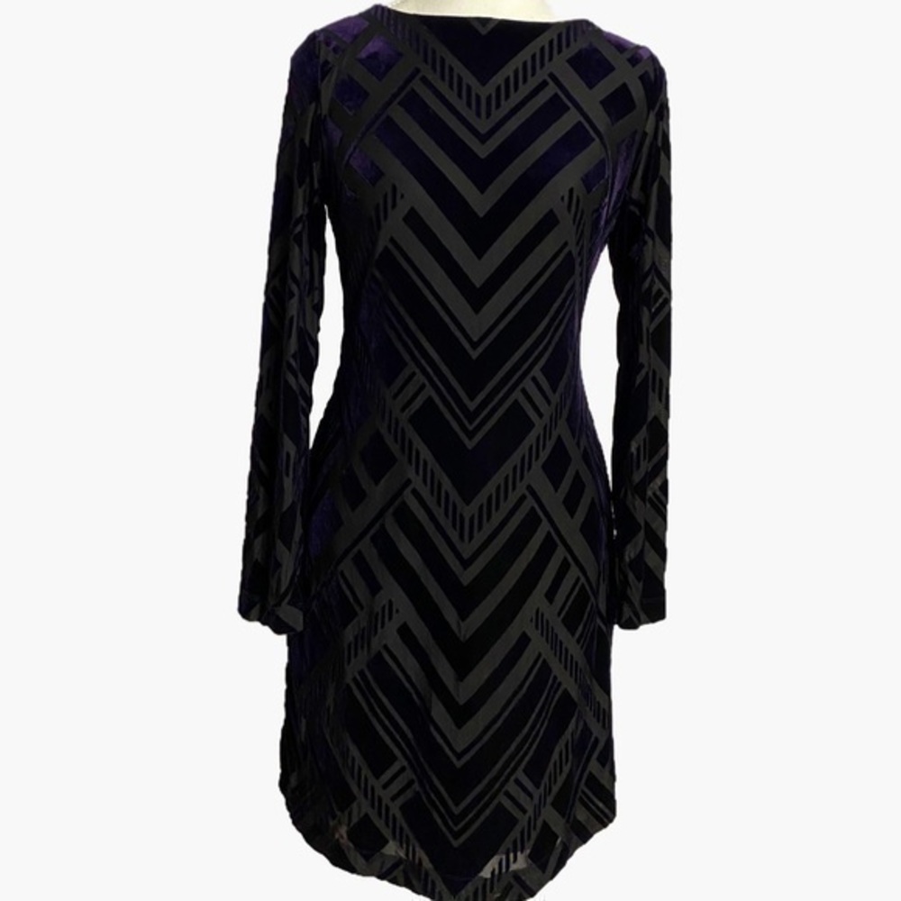 Vince Camuto Womens Purple Long Sleeve Round Neck Velvet Sheath Midi Dress